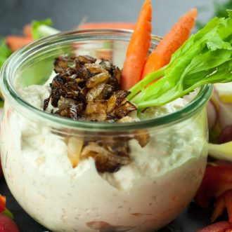 Homemade French Onion Dip -This Homemade French Onion Dip calls for only 8 ingredients (7 are pantry items) and can be whipped up in 5 minutes. It's a naturally low-carb appetizer - just dig in with your favorite veggies.