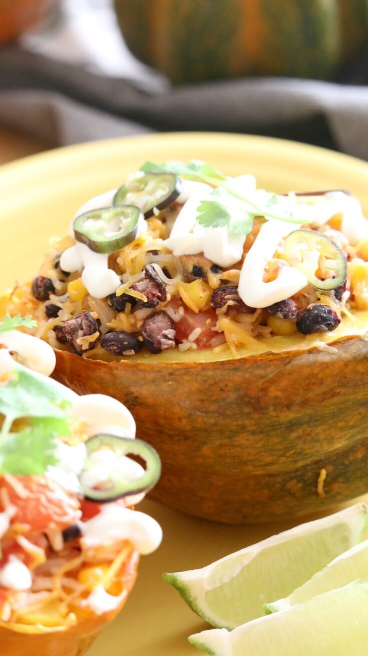 Acorn Squash Burrito Bowl - Add some pizzazz to your Taco Tuesday, by serving these stuffed acorn squash filled with your favorite Mexican flavors and textures. Gluten Free