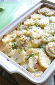 Easy Chicken Scalloped Potato Bake - This simple casserole comes together quickly and easily. With only 5 main ingredients (plus spices), this bake is delicious and naturally Whole30 compliant. Enjoy this casserole with a side salad for a complete nourishing meal. One Pan meal made easy.