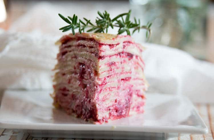 Paleo Crêpe Cake with Cranberries -This Paleo Crêpe Cake with Cranberries is gluten-free, dairy free and nut-free. Perfectly satisfying with graceful layers of crêpes, whipped coconut cream and maple-sweetened cranberries. #paleo #crepes #dairyfree