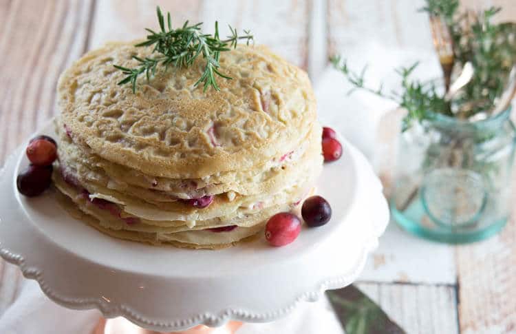 Paleo Crêpe Cake with Cranberries -This Paleo Crêpe Cake with Cranberries is gluten-free, dairy free and nut-free. Perfectly satisfying with graceful layers of crêpes, whipped coconut cream and maple-sweetened cranberries. #paleo #crepes #dairyfree