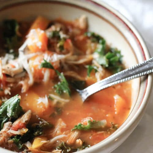 Instant Pot Tuscan Kale, Squash and Chicken Stew (Paleo, Whole30, Low-Carb) - Rich in nutrition from bone broth, low-carb vegetables and leftover roast chicken. This pressure cooker meal is a soothing, light yet hearty stew and makes a great 30-minute meal. #lowcarb #instantpot #leftoverchicken #30minutemeal #whole30