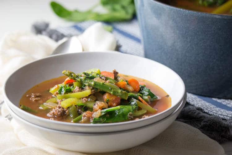 Low Carb Hamburger Soup (Keto, Paleo, Whole30) This Low Carb Hamburger Soup Recipe is hearty, nutritious and an incredibly easy one-pot meal. It's a great recipe for busy weeknights or cozy weekends. It's loaded with nutritious seasonal vegetables and is whole 30, keto, and paleo friendly. 
