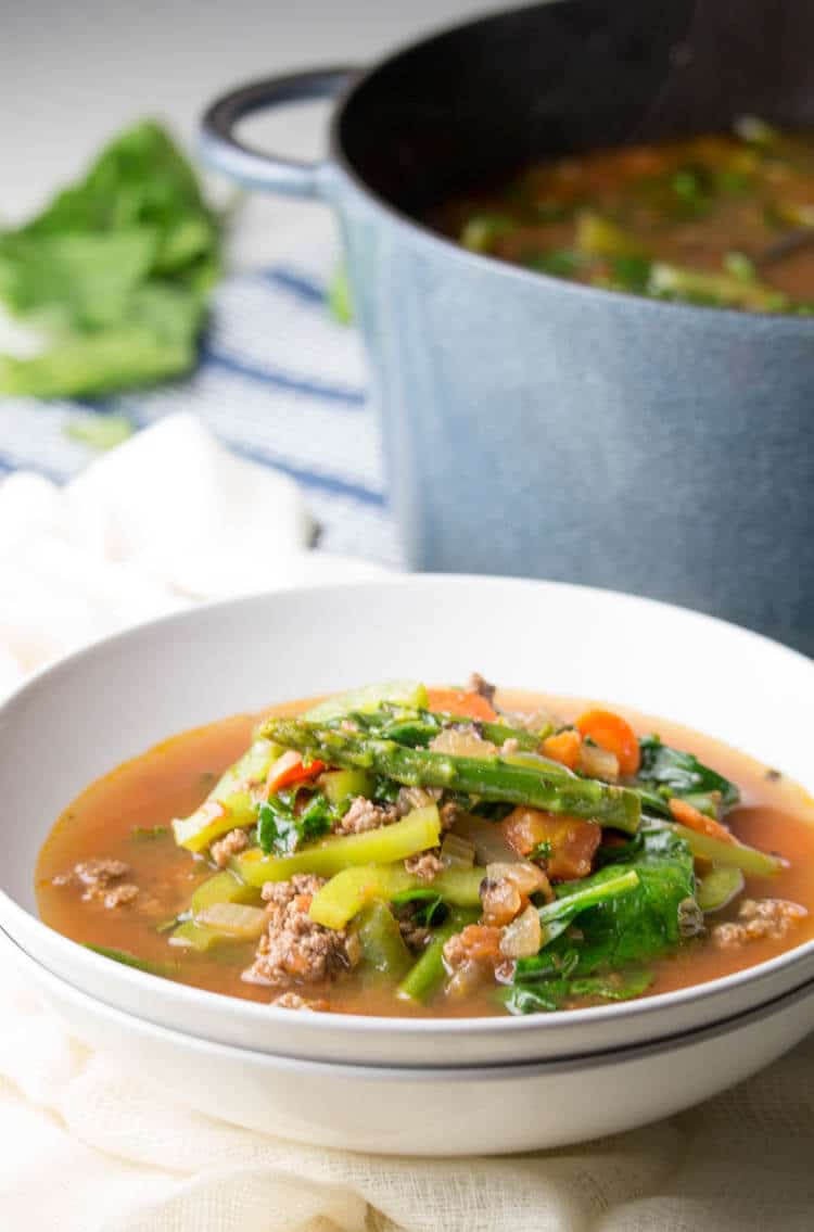 Low Carb Hamburger Soup (Keto, Paleo, Whole30) This Low Carb Hamburger Soup Recipe is hearty, nutritious and an incredibly easy one-pot meal. It's a great recipe for busy weeknights or cozy weekends. It's loaded with nutritious seasonal vegetables and is whole 30, keto, and paleo friendly. 