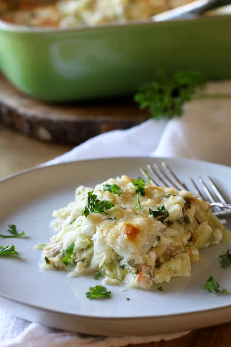 Keto Chicken Cabbage Casserole (Low Carb, Primal, GAPS) - An easy and healthy one-pan meal on a busy weeknight or a delicious side dish for a group. Chicken & Cabbage smothered in cheesy garlic flavors for a nourishing meal. #lowcarb #onepan