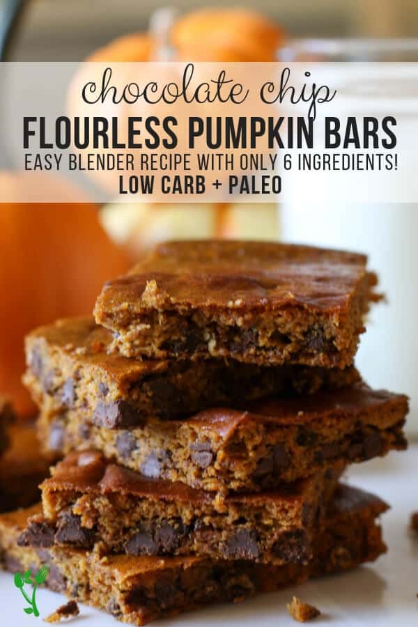 Flourless Pumpkin Bars with Chocolate Chips -These Flourless Chocolate Chip Pumpkin Bars require only 6 ingredients and are easily whipped up in a blender. They make a great low carb and paleo treat. #lowcarb #pumpkin 