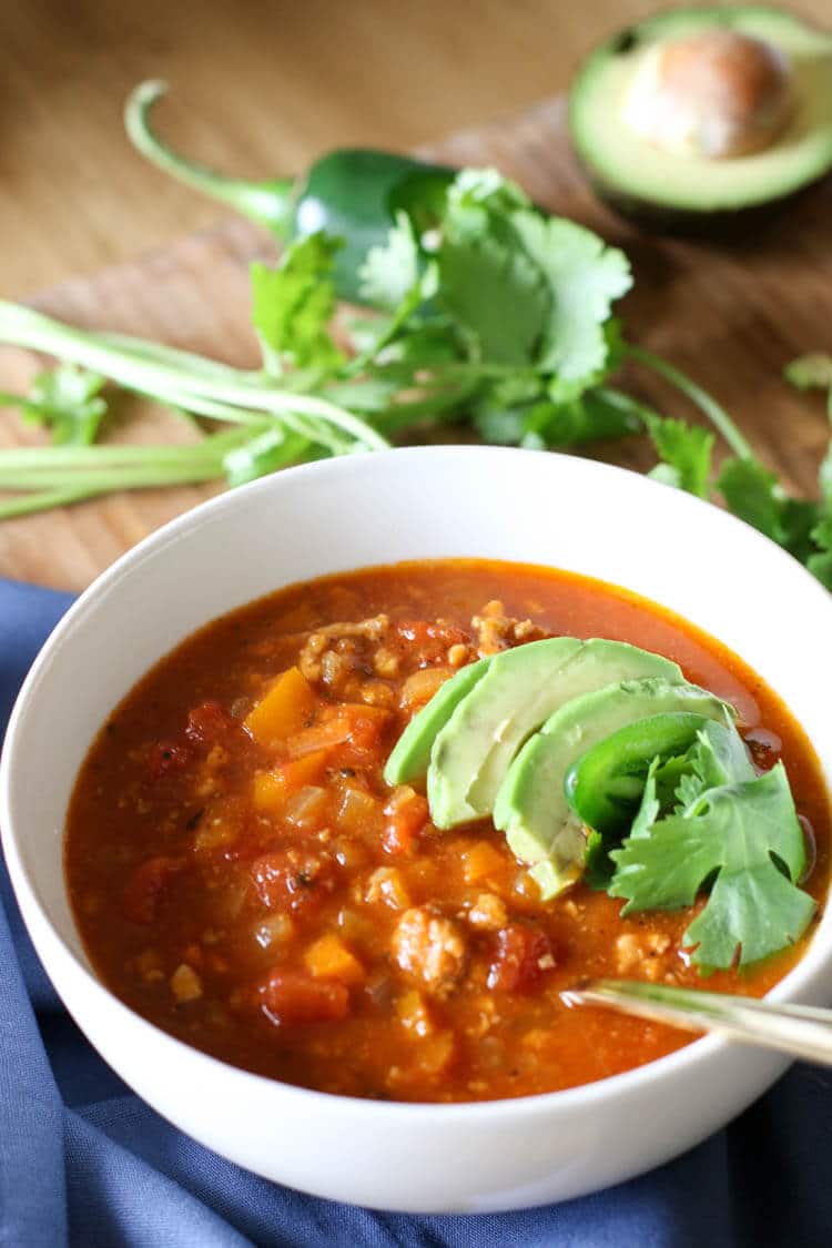 Instant Pot Pumpkin Turkey Chili (Low Carb, Paleo, Whole30) Warm up to this hearty, delicious and nutritious Low Carb Pumpkin Turkey Chili made in the Instant Pot. #lowcarb #instantpot