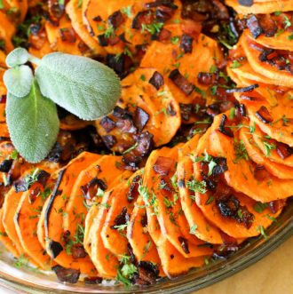 Scalloped Sweet Potatoes with Bacon (Whole30, Paleo) - Make this for an easy weeknight side dish or a fancy dinner party. Either way, these Scalloped Sweet Potatoes with Bacon are Whole30 and Paleo and require only 4 ingredients. #sidedish #paleo #whole30