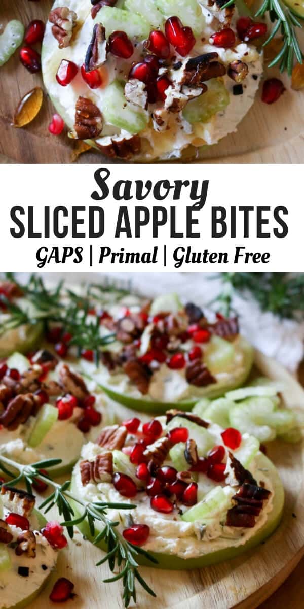 Savory Sliced Apple Appetizers - Slightly tart slices of Granny Smith apples are loaded with savory cream cheese and delicious crunchy toppings. #gapsdiet #appetizers #primalfood