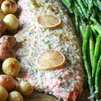 Sheet Pan Garlic Butter Salmon, Asparagus & Potatoes Sheet Pan - A complete meal on one pan - full of flavor and easy to put together. Can be customizable to fit your dietary needs for Whole30, Paleo, or Low Carb. #sheetpan #onepan #salmon