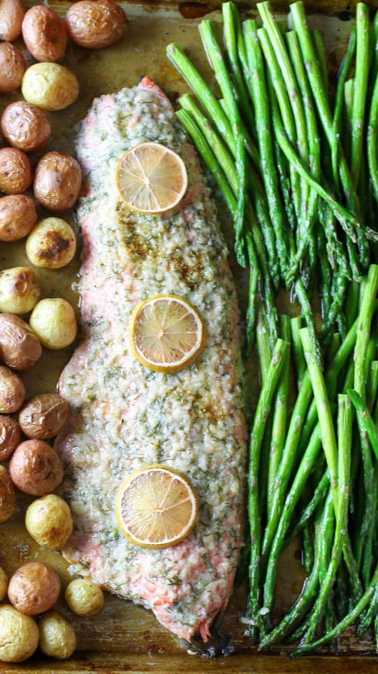 Sheet Pan Garlic Butter Salmon, Asparagus & Potatoes Sheet Pan - A complete meal on one pan - full of flavor and easy to put together. Can be customizable to fit your dietary needs for Whole30, Paleo, or Low Carb. #sheetpan #onepan #salmon