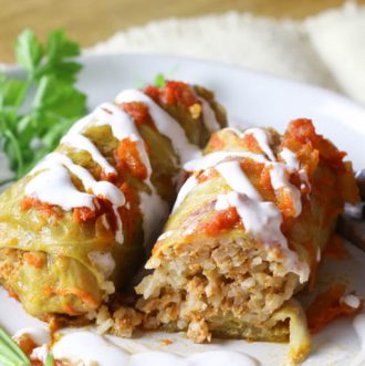 Healthy Classic Stuffed Cabbage Leaves (Paleo-ish) - Stuffed cabbage leaves is the ultimate comfort food.  Easy ground meat and rice filling wrapped in cabbage leaves, topped with flavorful tomato sauce and baked to tender perfection! #cabbage #paleo #healthy