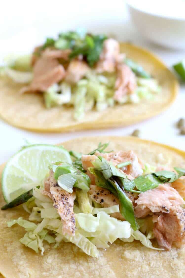 Seared Salmon Tacos (Low Carb, Gluten Free)Seared salmon with asparagus- scallion salsa and a drizzle of lime yogurt makes these Fish Tacos amazingly delicious. Ditch the tortillas and wrap in lettuce to keep it Low Carb. #lowcarb #glutenfree 