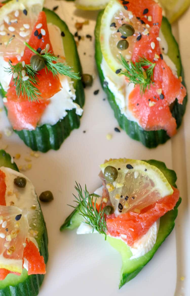 Everything Bagel Cucumber Bites with Smoked Salmon (Low Carb, GAPS, Primal) - Healthy smoked salmon on top of cream cheese topped cucumber slices and finished off with Everything Bagel Seasoning. A delicious, super easy, 15 minute, low-carb appetizer. #lowcarb #appetizers #smokedsalmon