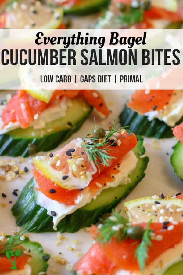 Everything Bagel Cucumber Bites with Smoked Salmon (Low Carb, GAPS, Primal) - Healthy smoked salmon on top of cream cheese topped cucumber slices and finished off with Everything Bagel Seasoning. A delicious, super easy, 15 minute, low-carb appetizer. #lowcarb #appetizers #smokedsalmon