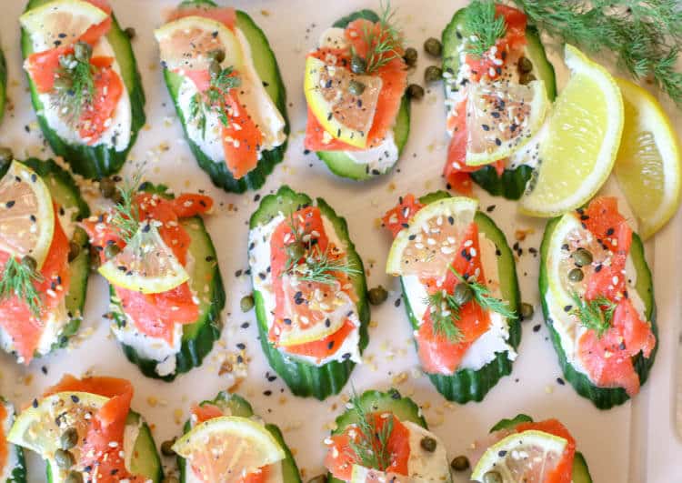 Everything Bagel Cucumber Bites with Smoked Salmon (Low Carb, GAPS, Primal) - Healthy smoked salmon on top of cream cheese topped cucumber slices and finished off with Everything Bagel Seasoning. A delicious, super easy, 15 minute, low-carb appetizer. #lowcarb #cucumber