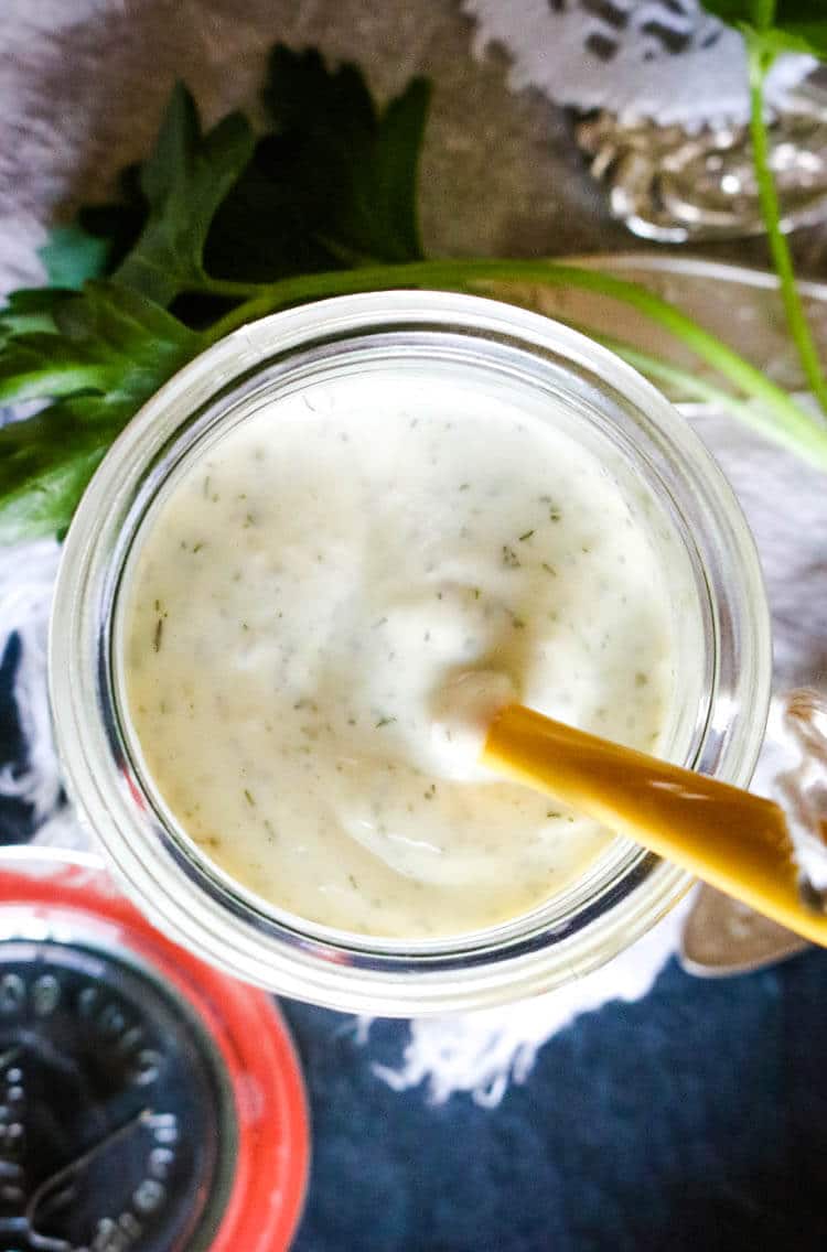 Simple House Salad Dressing - Paleo, Low Carb, Whole30 - Tangy, creamy, full of flavor, this house dressing is a staple in our real food kitchen. Easily whip this up in 2 minutes with only 4 healthy ingredients. #whole30 #saladdressing