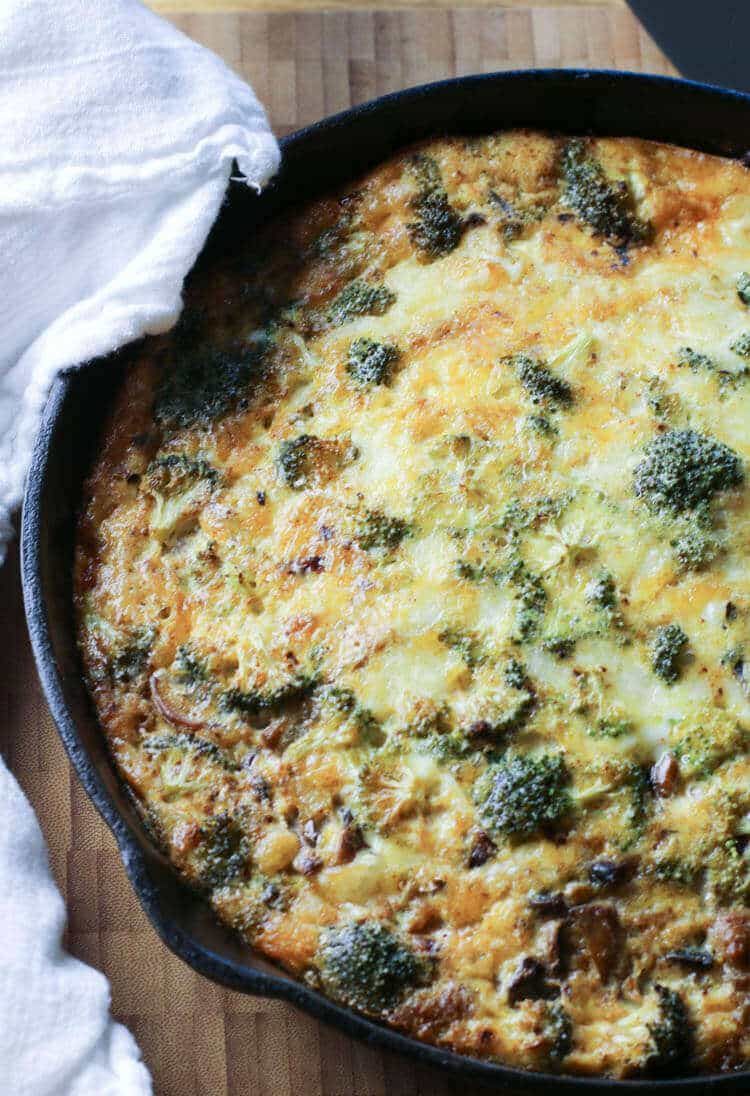 Easy broccoli and sausage frittata in cast iron pan.