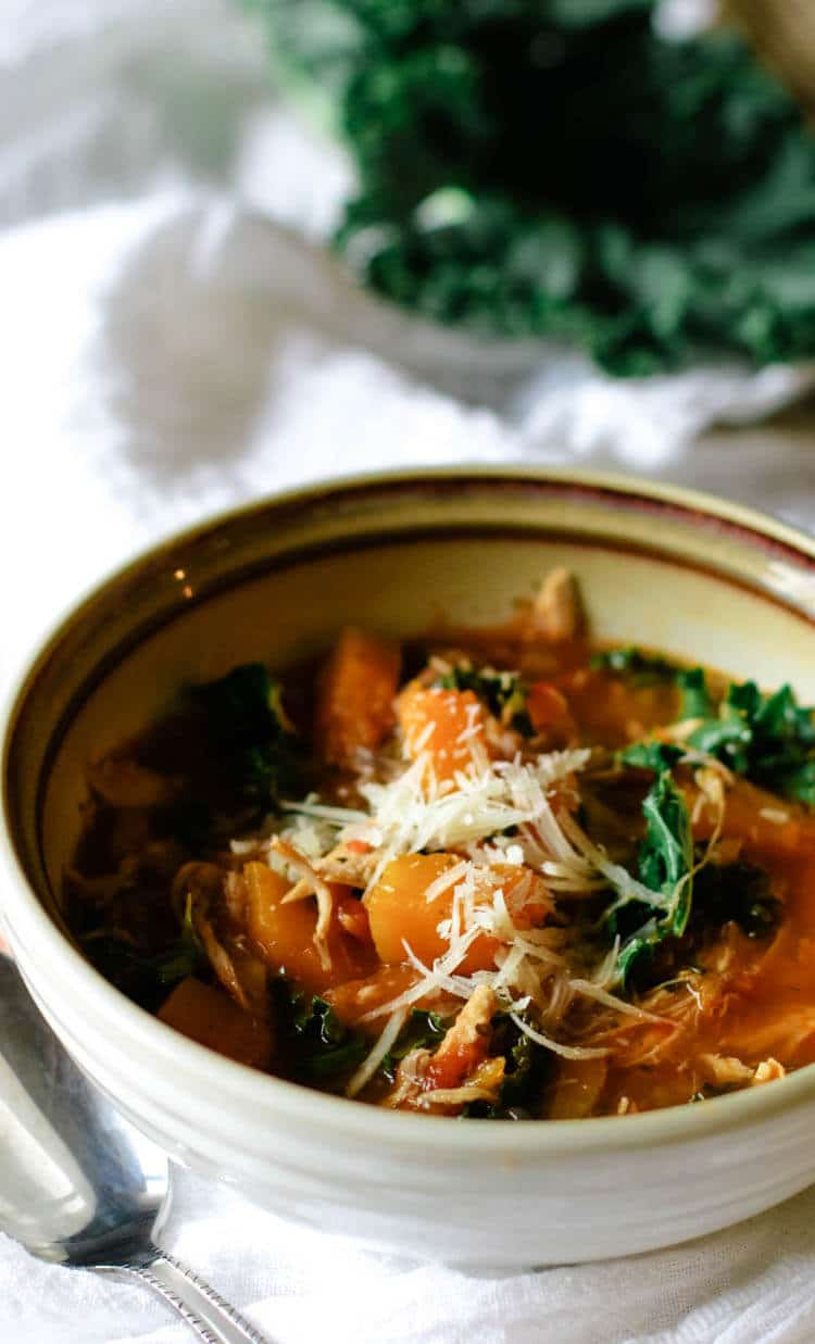 Instant Pot Tuscan Kale, Squash & Chicken Soup (Low Carb, Paleo, Whole30) - Tuscan Kale, Squash and Chicken Soup is rich in nutrition from bone broth, low-carb vegetables, and leftover roast chicken. This Instant Pot meal is a soothing, light yet hearty soup and makes a great 30-minute meal. #30minutemeal #whole30 #instantpot