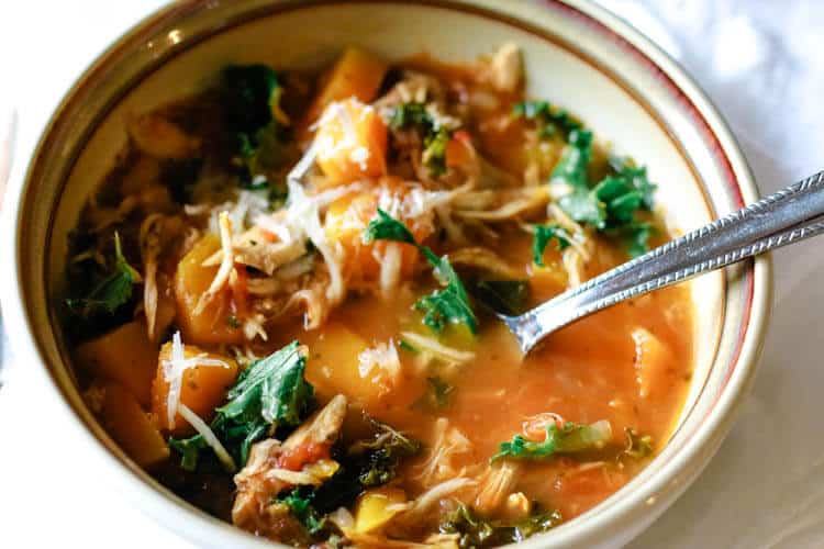 Instant Pot Tuscan Kale, Squash & Chicken Soup (Low Carb, Paleo, Whole30) - Tuscan Kale, Squash and Chicken Soup is rich in nutrition from bone broth, low-carb vegetables, and leftover roast chicken. This Instant Pot meal is a soothing, light yet hearty soup and makes a great 30-minute meal. #30minutemeal #whole30 #instantpot