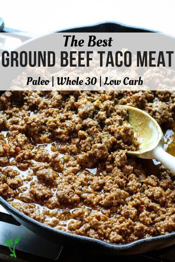The Best Ground Beef Taco Meat on a skillet with wooden spoon