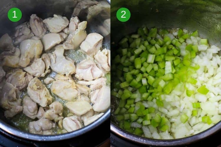 Searing chicken in the Instant Pot followed by sauteeing celery and onions.