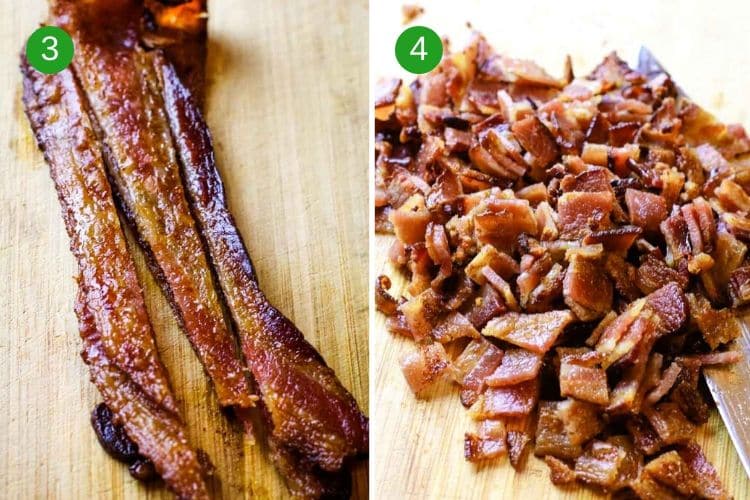 Bacon strips that are cut lengthwise and then chopped for bacon crumbles.