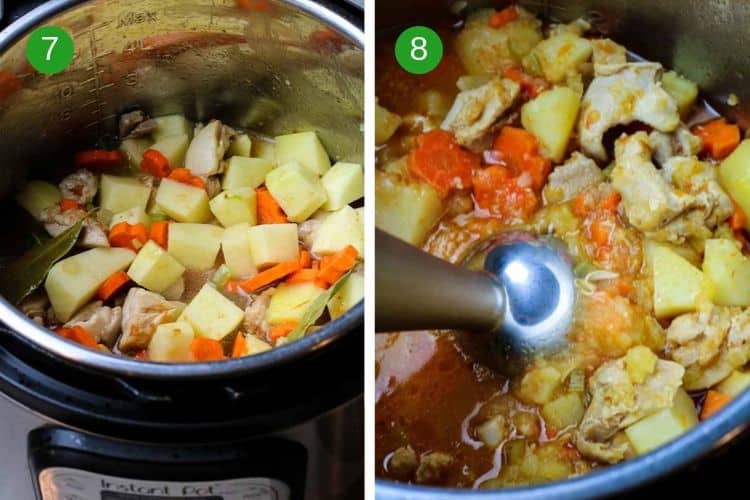 Diagram showing how to make Instant Pot Chicken Stew and how to thicken it without using any flour.