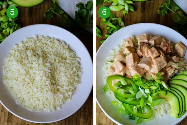 A collage of two bowls: one with plain cooked white rice and next to it a fully loaded poke bowl with rice, salmon, and toppings.