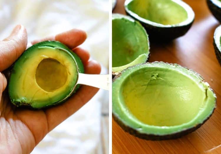 Pictures on how to scoop avocado flesh from the peel with a spoon with thin edges.