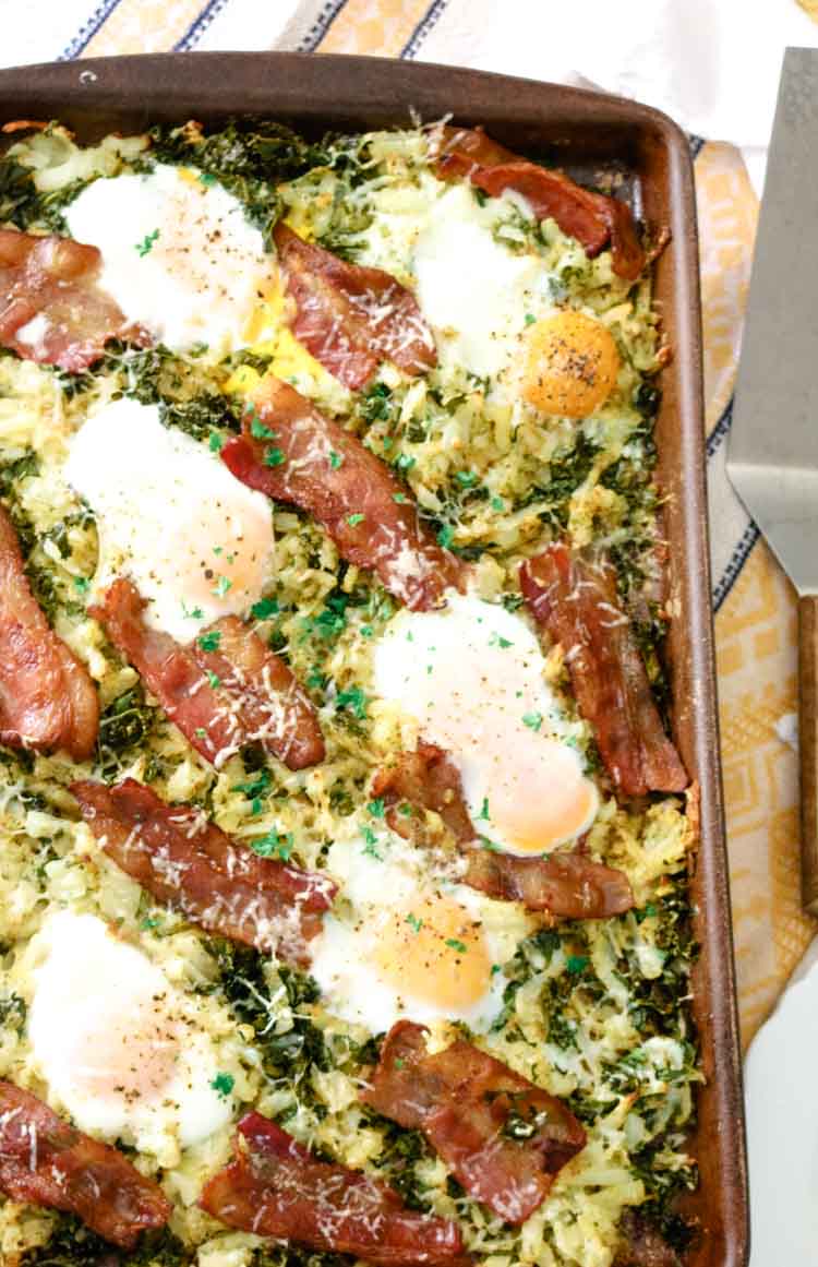 Sheet pan hash browns, bacon and eggs