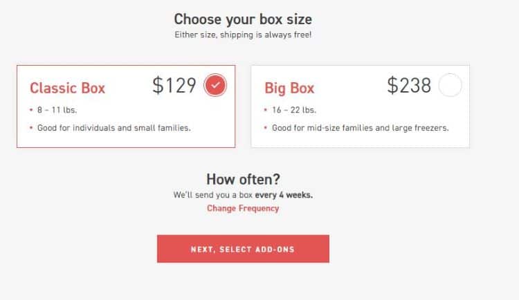 ButcherBox size box selection screenshot