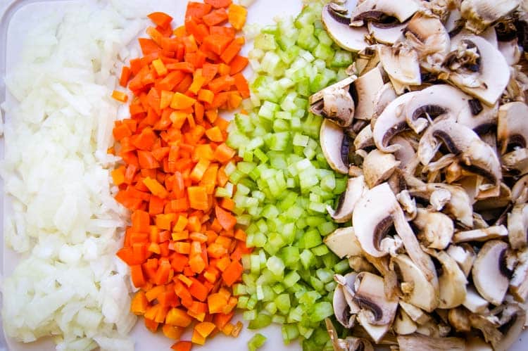 Diced onions, carrots, celery and sliced mushrooms