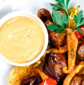 Spicy Mayo with sheet pan sausages and bell peppers