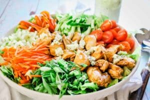 Healthy Buffalo chicken salad with lots of vegetables
