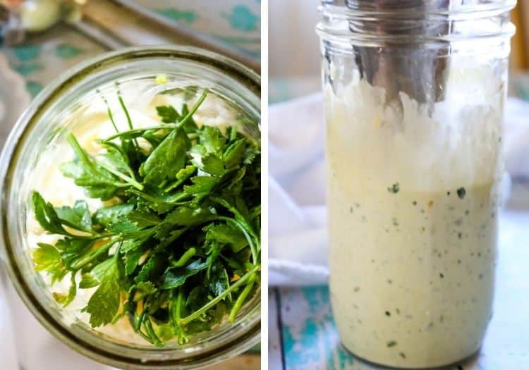 Making blue cheese dressing in a mason jar and immersion blender