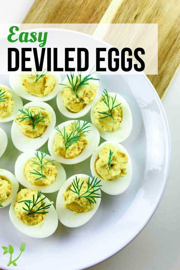 Easy Deviled Eggs text overlay over a photo of deviled eggs