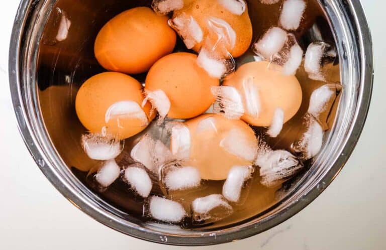 Hard boiled eggs given an ice bath to stop cooking