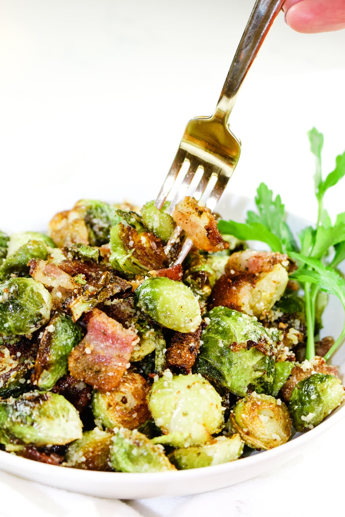 Roasted Brussels sprouts with bacon and parmesan cheese