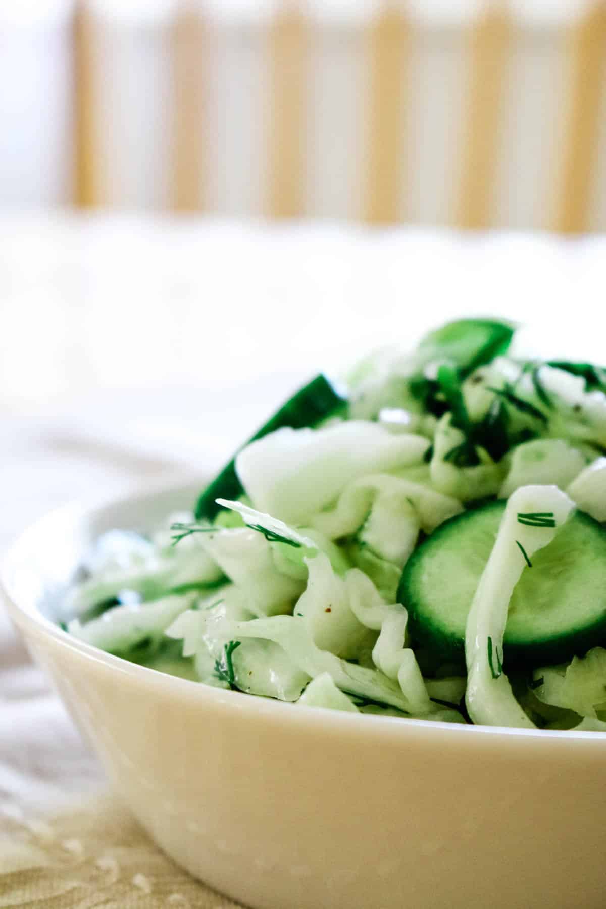 Sliced cucumbers, shredded cabbage in a white bowl