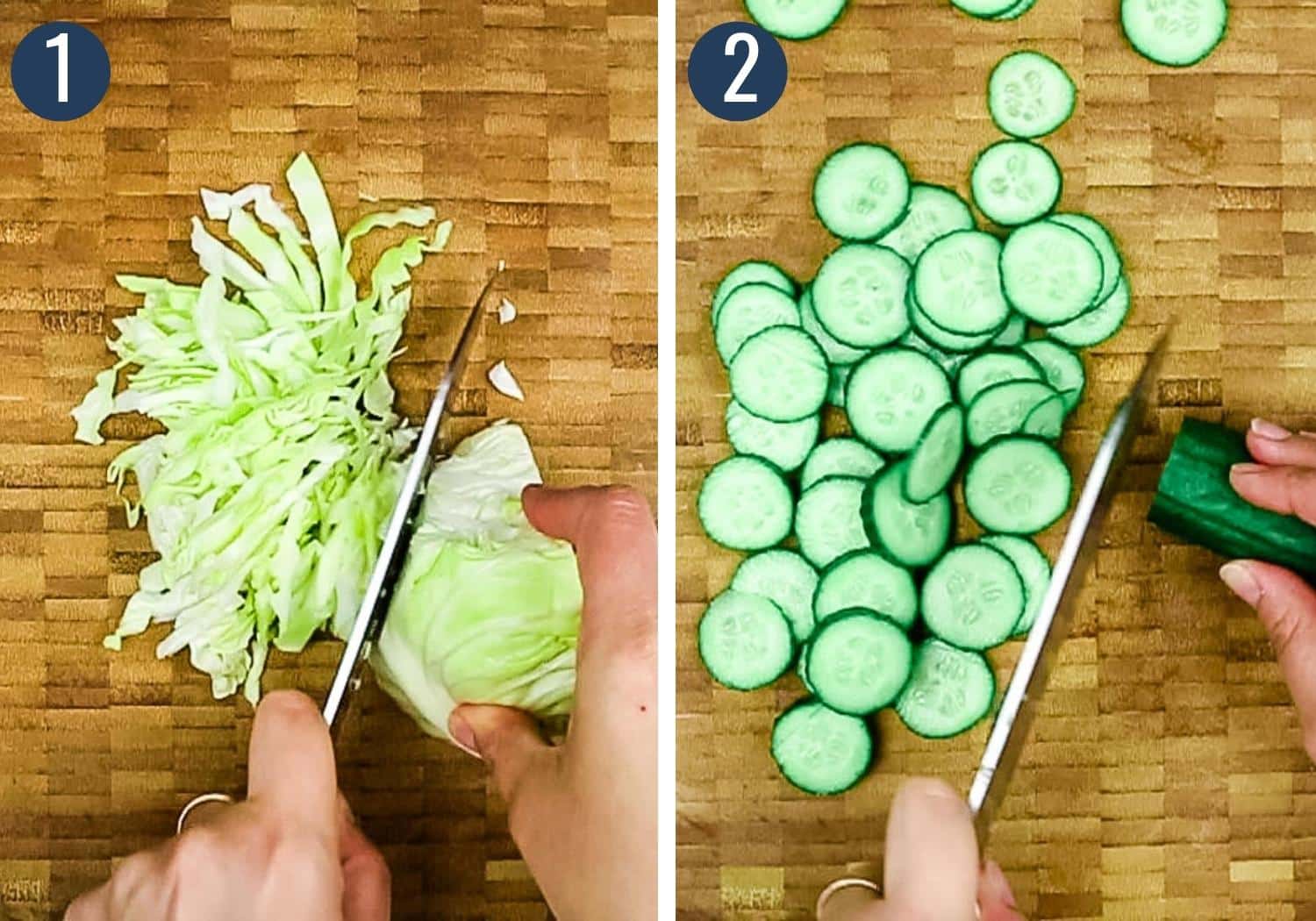 A collage of photos that show shred cabbage and slice cucumbers.