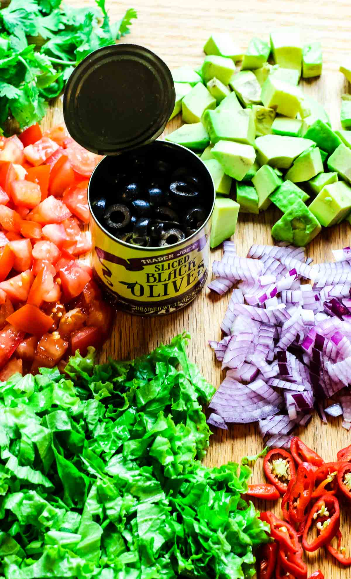overhead shot of toppings for sheet pan nachos