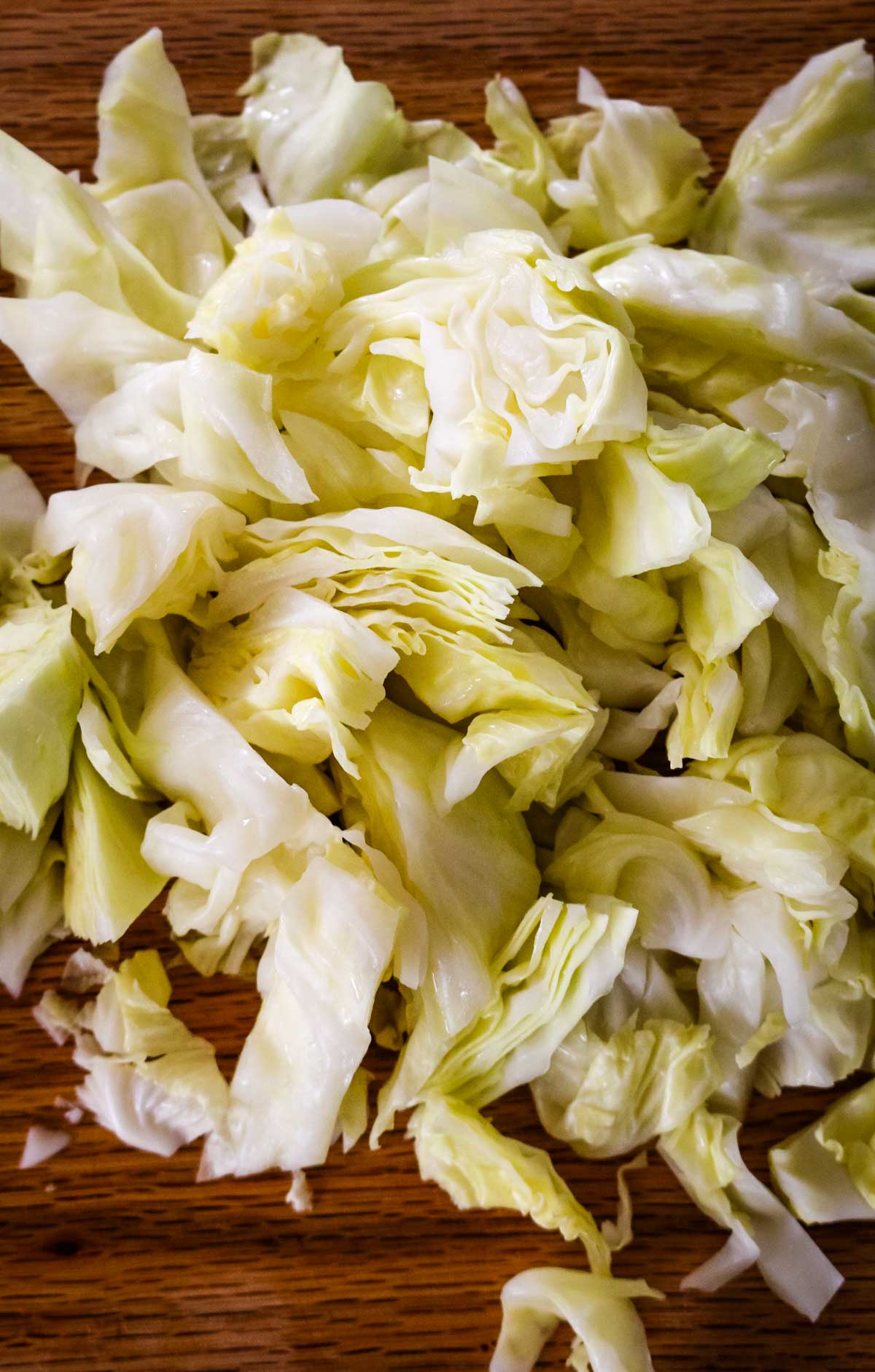 green cabbage chopped up on board