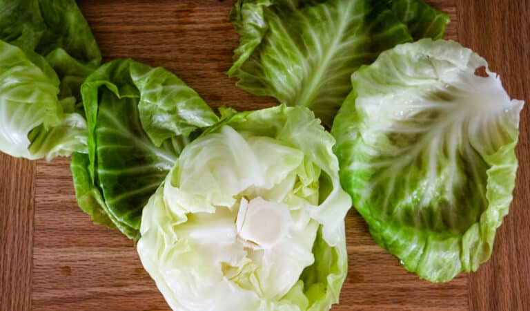 cooked green cabbage with loose leaves on a wooden cutting board