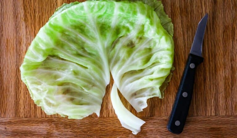 cooked cabbage leaf on cutting board with paring knife and cut out core