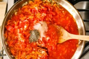 tomato vegetable sauce in a stainless steel pan