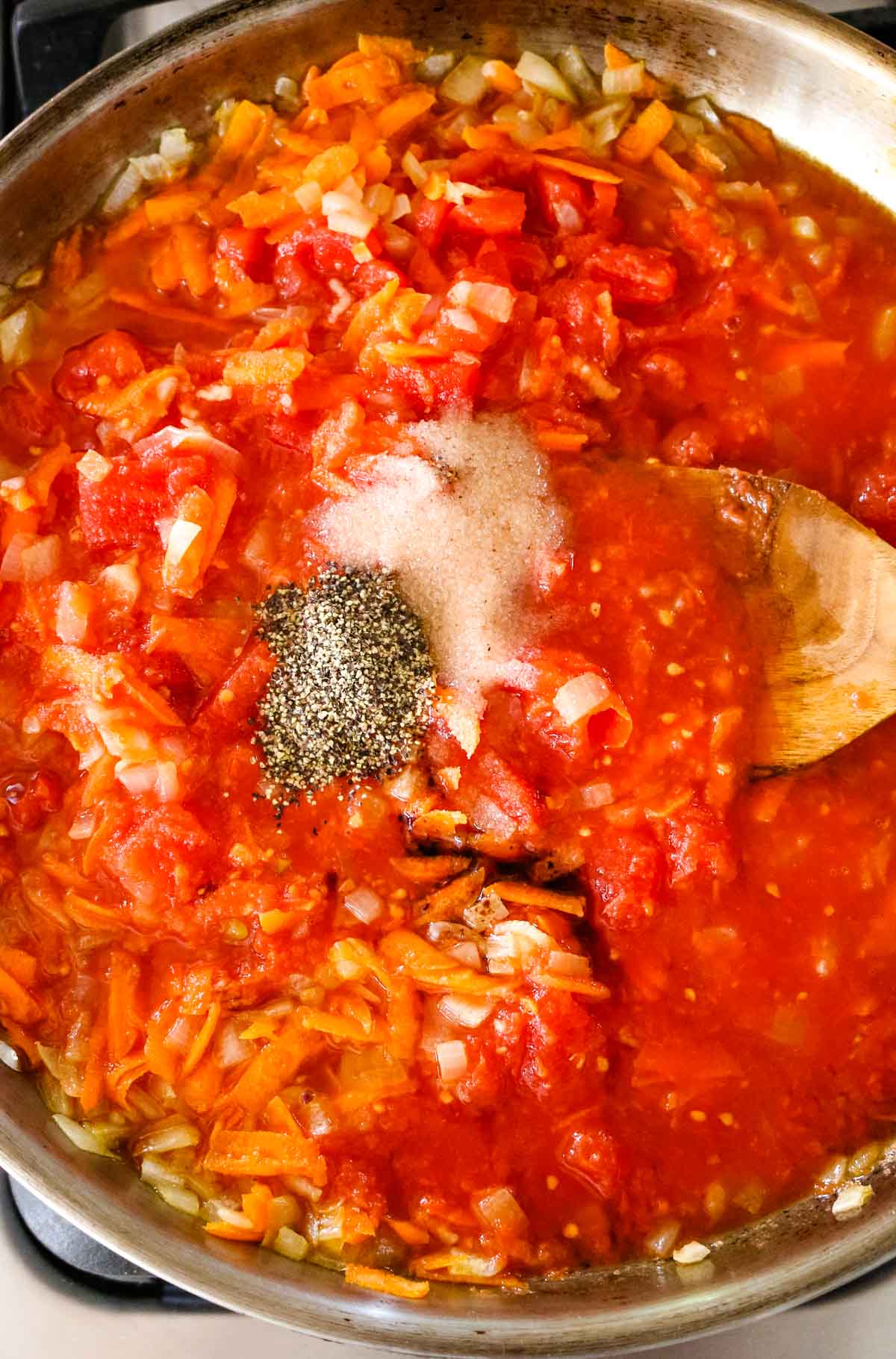 tomato vegetable sauce in large frying pan