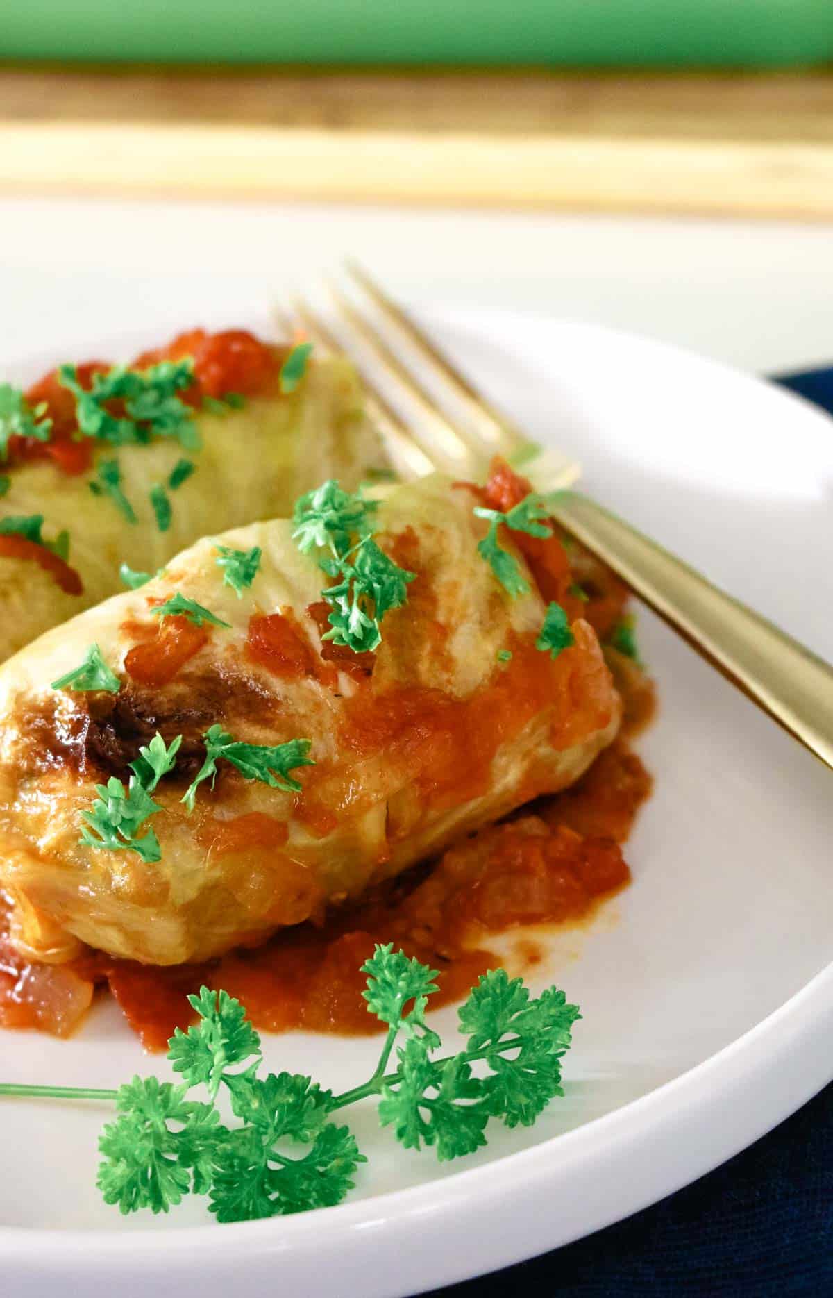 cabbage rolls on a white plate