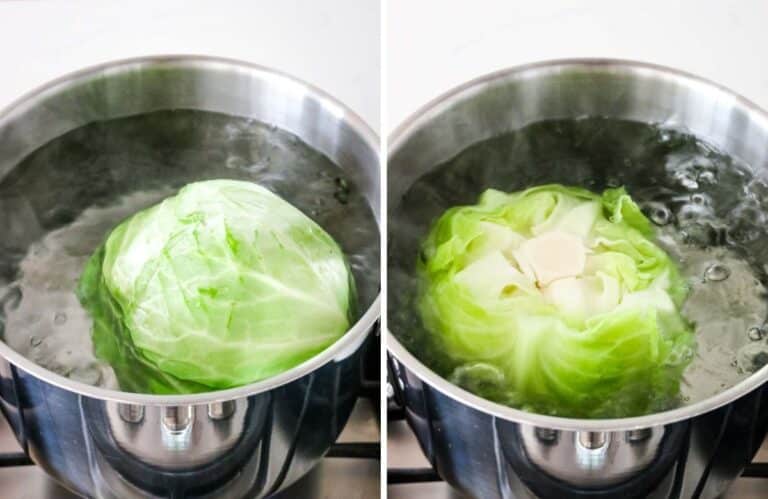 collage of two photos of green cabbage boiling in stockpot