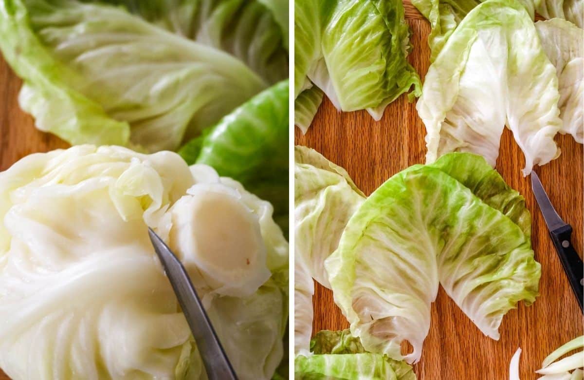 collage of 2 photos on how to remove core from cooked cabbage